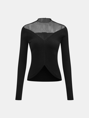 Mesh Panel Wool Blend Mock Neck Top