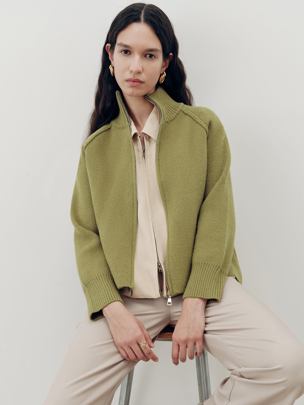 Zip-Up Turtleneck Knit Cardigan