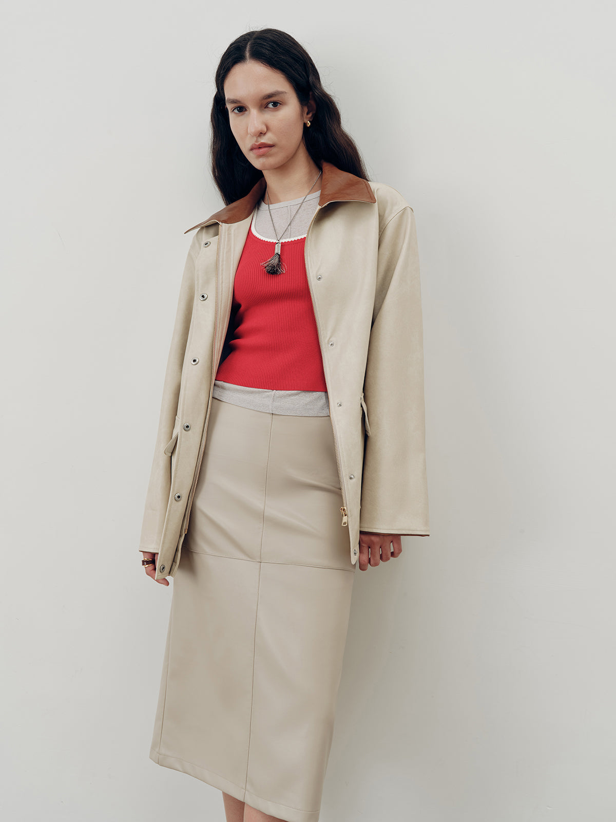 Contrast Collar PU Leather Jacket