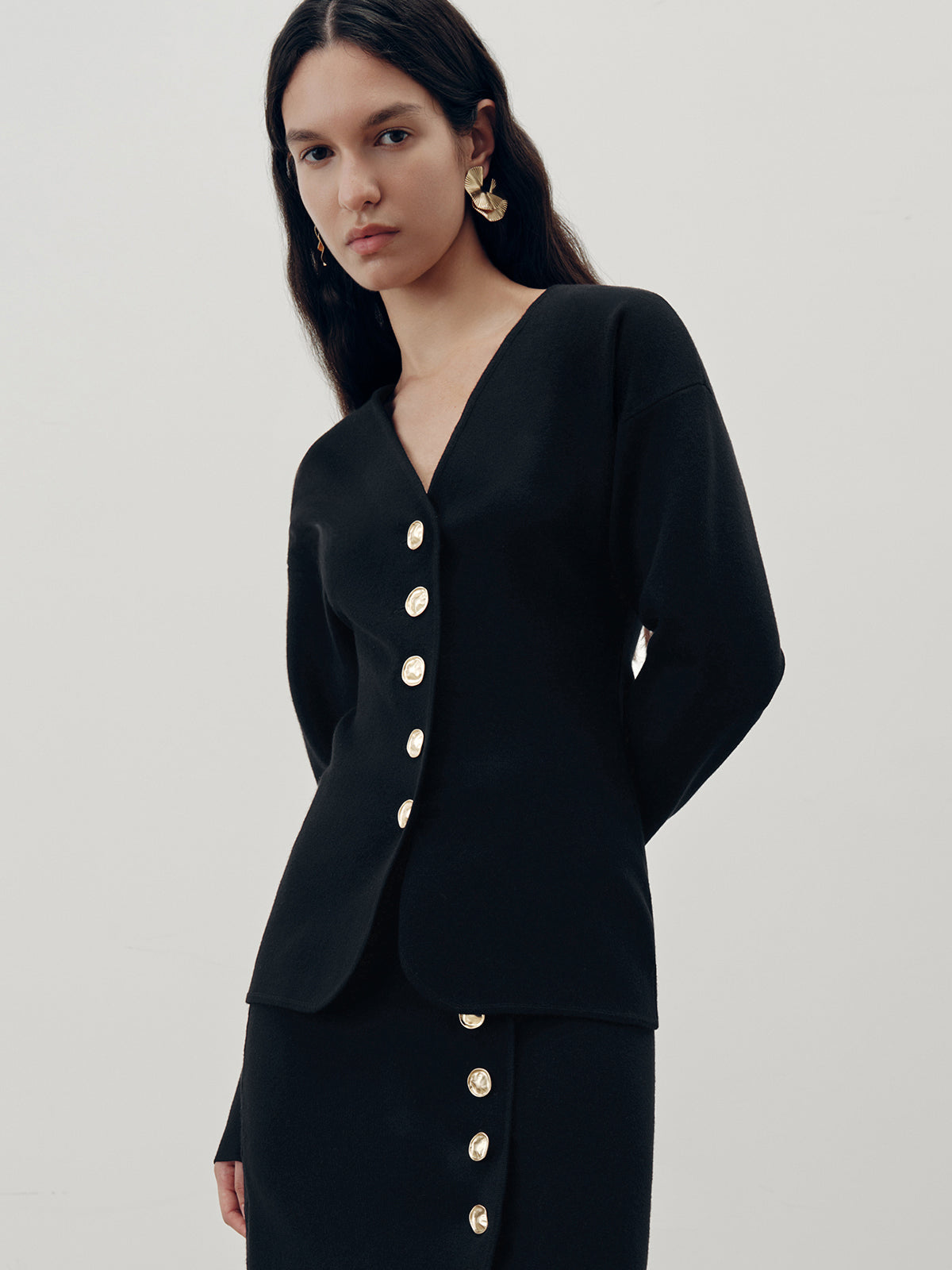 Metal Button V-Neck Cardigan