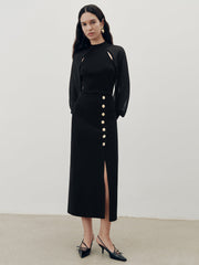 Metal Button Slit Maxi Skirt