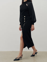 Metal Button Slit Maxi Skirt