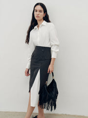 Shirt Dress and Pinstripe Slit Skirt Two-Piece Set