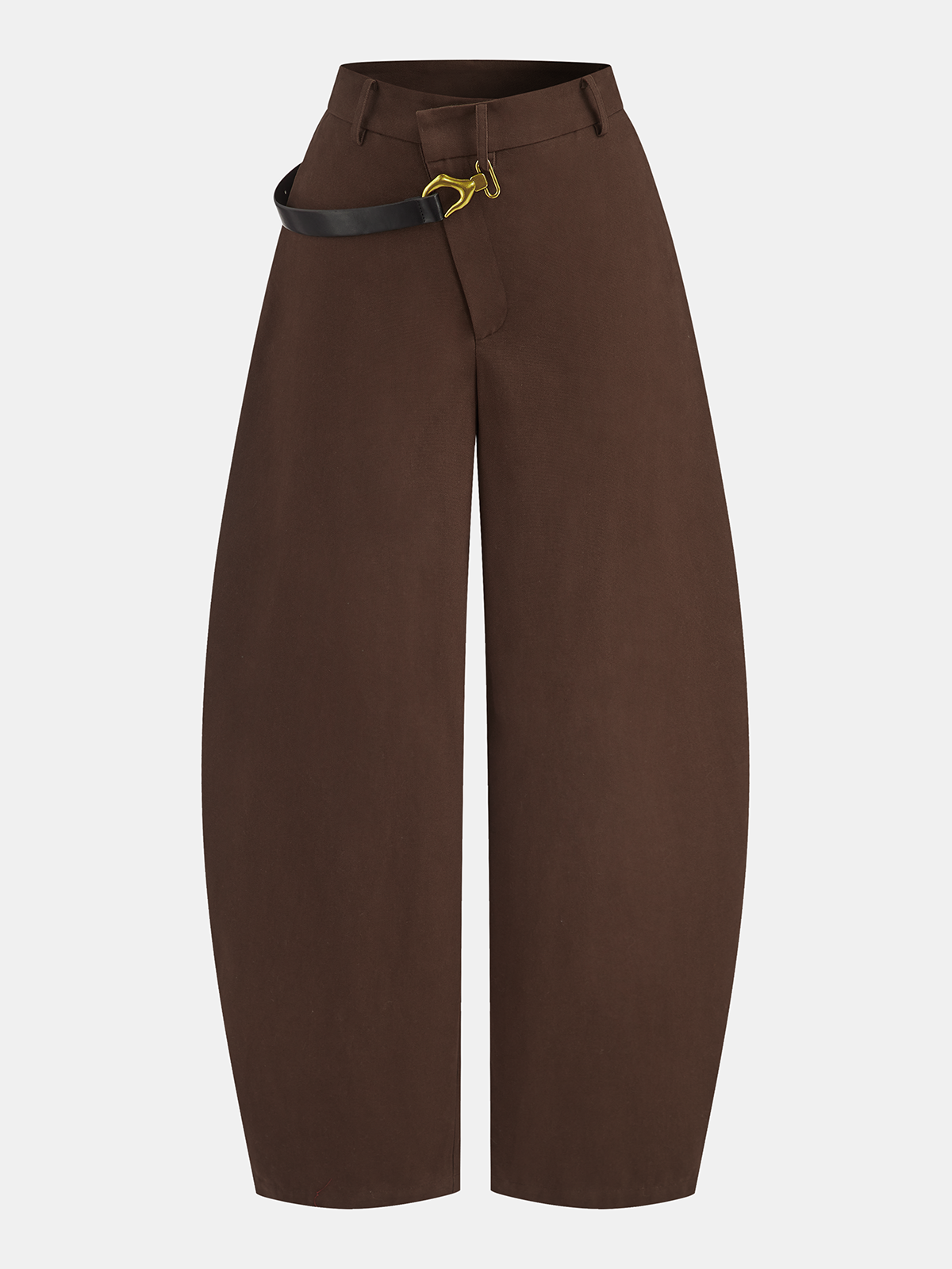 Asymmetric Belted Curved-Leg Pants