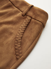 Braided Detail Mid-Waist Suede Effect Pants