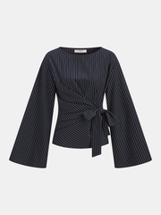 Flared Sleeve Pinstripe Wrap Blouse