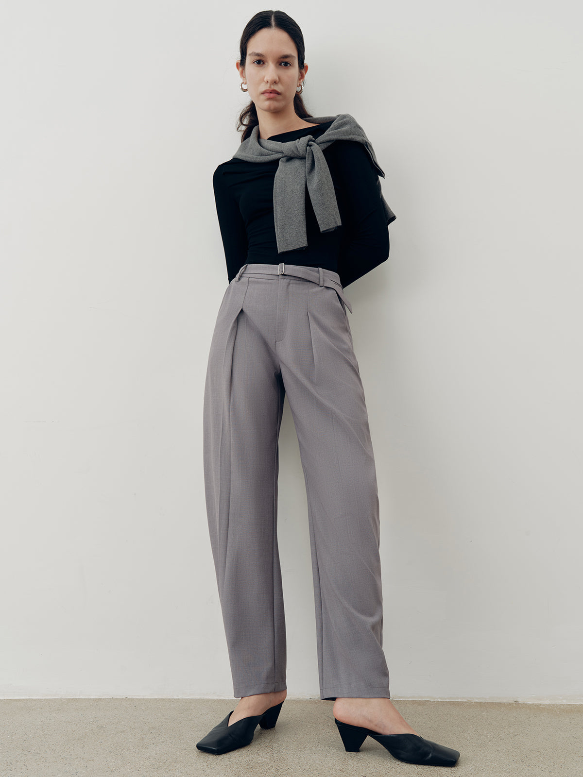 Mid-Waist Belted Pleated Pants