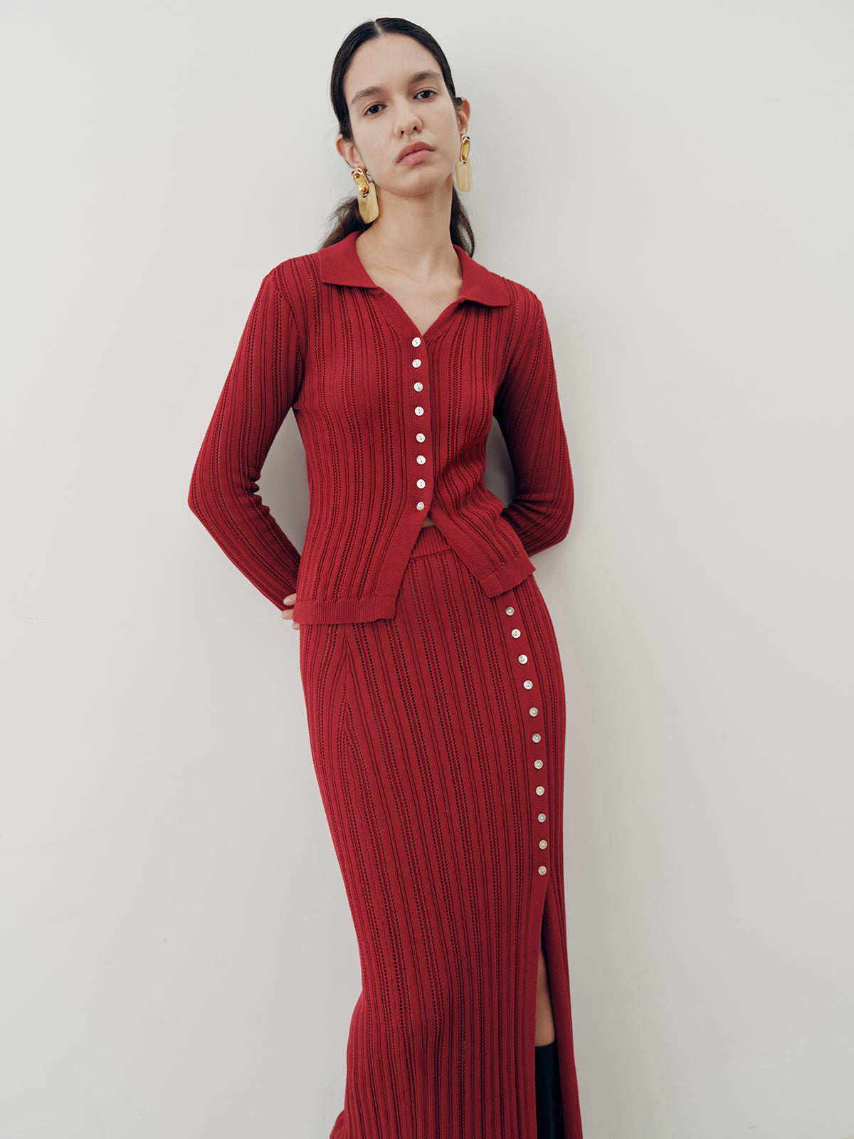 Collared Knit Top and Slit Skirt Set