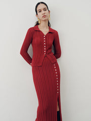 Collared Knit Top and Slit Skirt Set