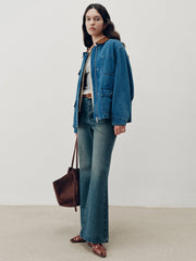 Suede Collar Zip-Front Denim Jacket