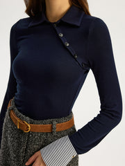 Asymmetric Button Striped Cuff Polo Top