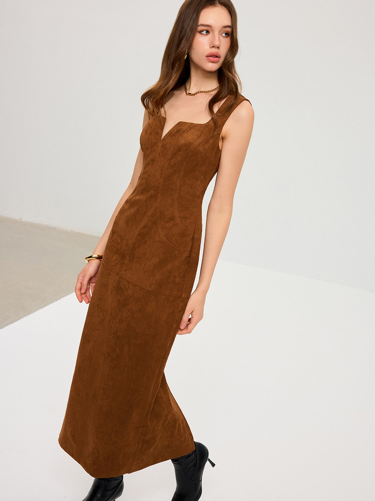 Suede Effect Low-Neck Sleeveless Maxi Dress
