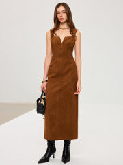 Suede Effect Low-Neck Sleeveless Maxi Dress