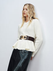 Peplum Cable-Knit Top with Wide Belt