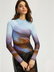 Criss Cross Printed Mesh Long-Sleeve Top