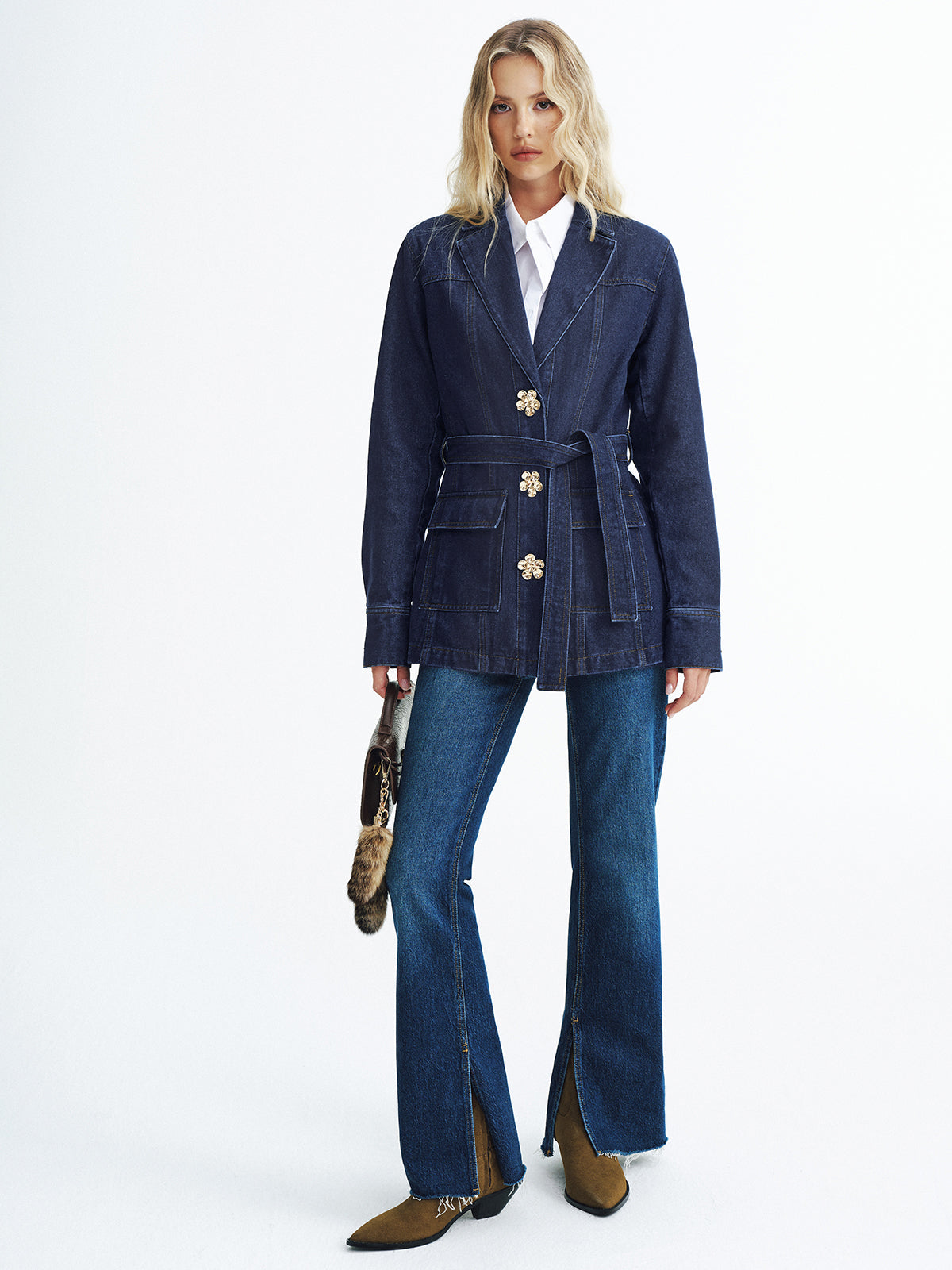 Metal Floral Denim Belted Jacket