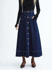 Metal Button Denim Midi Skirt