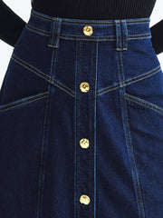 Metal Button Denim Midi Skirt