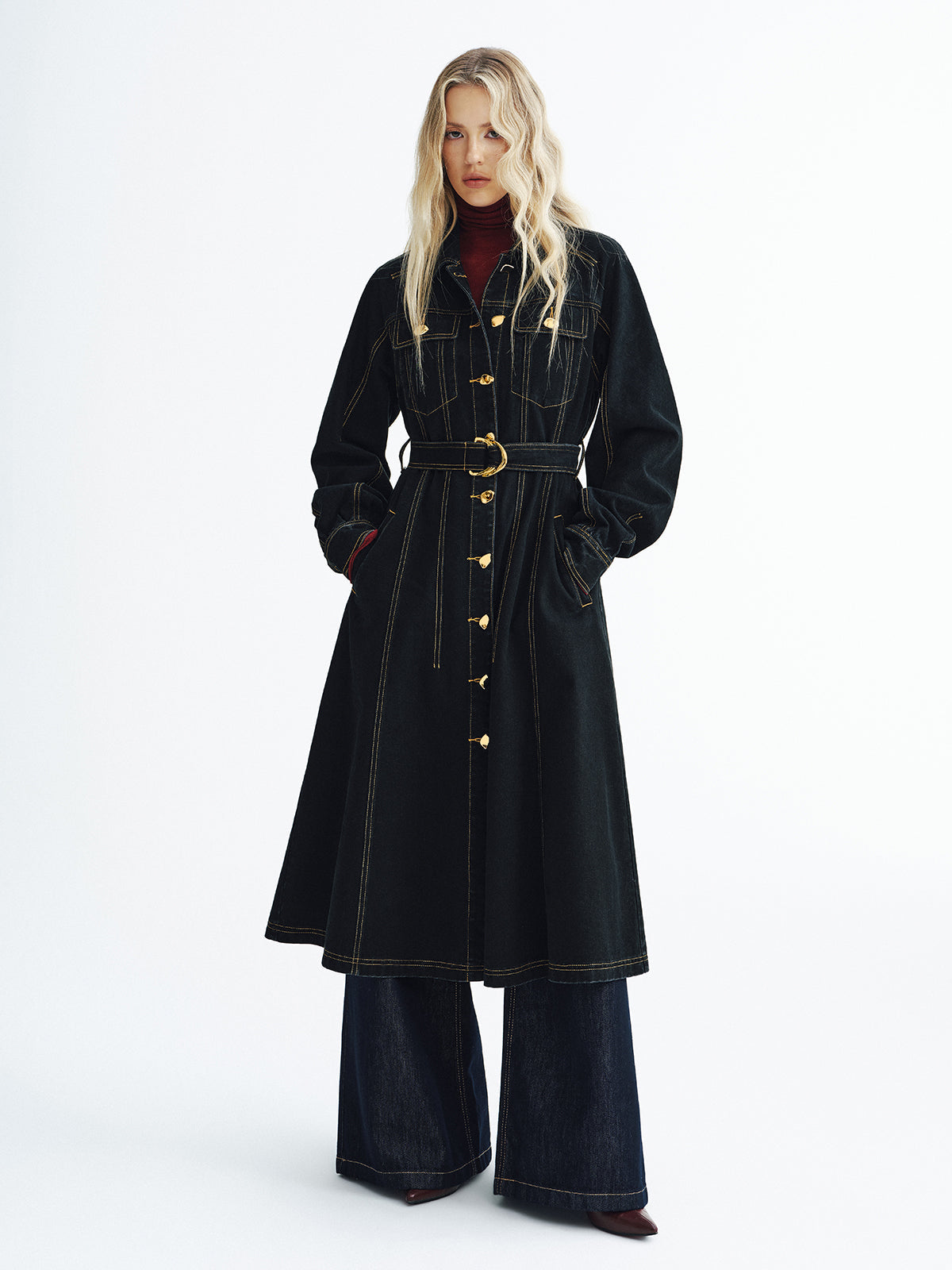 Metal Button Denim Belted Maxi Shirt Dress