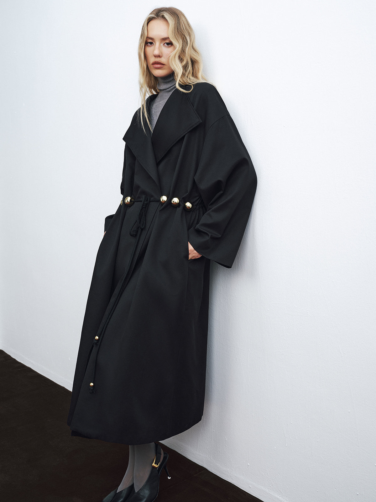 Metal Detail Tie-Belt Oversized Long Trench Coat