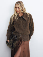 Oversized Collar Double-Zip Fuzzy Knit Jacket