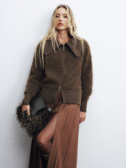 Oversized Collar Double-Zip Fuzzy Knit Jacket