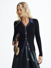 Denim Panel Ribbed Knit Cardigan