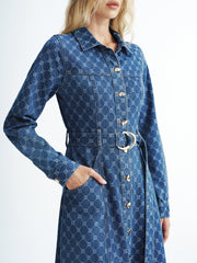 Printed Denim Belted Midi Shirt Dress