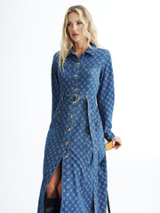 Printed Denim Belted Midi Shirt Dress