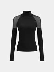 Sheer Mesh Shoulder Turtleneck Long Sleeve Top
