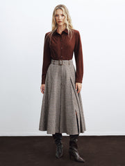 High-Waist Belted Houndstooth Wide-Leg Pants