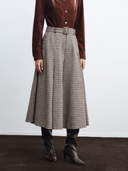 High-Waist Belted Houndstooth Wide-Leg Pants