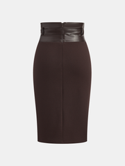 Faux Leather Panel Midi Skirt with Belt