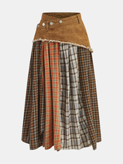 Denim Paneled Mixed Plaid Midi Skirt