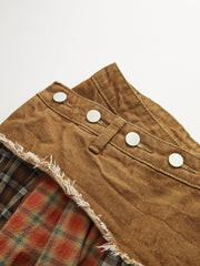 Denim Paneled Mixed Plaid Midi Skirt