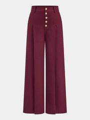 High-Waist Metal Button Pleated Wide-Leg Pants