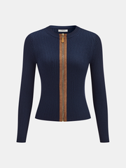 Zip-Front Suede Panel Ribbed Knit Top