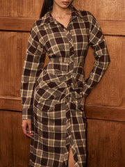 Ruched Button-Front Plaid Shirt Dress