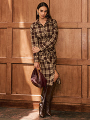 Ruched Button-Front Plaid Shirt Dress