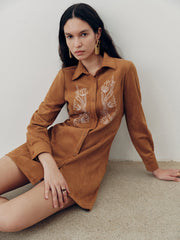 Suede Effect Floral Embroidery Shirt Dress