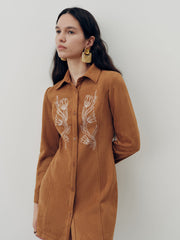 Suede Effect Floral Embroidery Shirt Dress