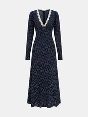 Polka Dot Lace Trim V-Neck Maxi Dress