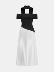 Color-Block Off-Shoulder Pleated Maxi Dress