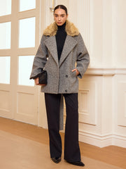 Belted Faux Fur Collar Tweed Coat