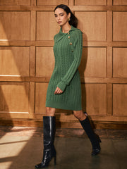 Asymmetric Collar Cable-Knit Sweater Dress