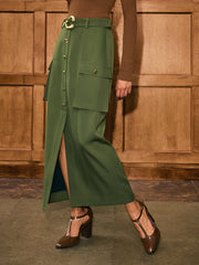 Metal Button Belted Slit Maxi Skirt