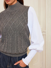 Leg-Of-Mutton Sleeve Panel Cable-Knit Sweater