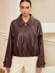 Collared Zip-Up Faux Leather Jacket
