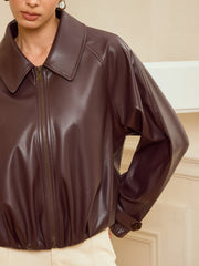 Collared Zip-Up Faux Leather Jacket