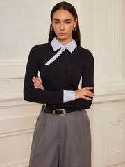 Striped Shirt Panel Ribbed Knit Top